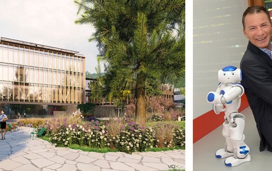 Blick vom Parkcafé auf den Neubau der Fachhochschule und dem neugestalteten Stadtpark; Geschäftsführer Prof. (FH) Thomas Madritsch mit dem humanoiden Roboter NAO der FH Kufstein Tirol