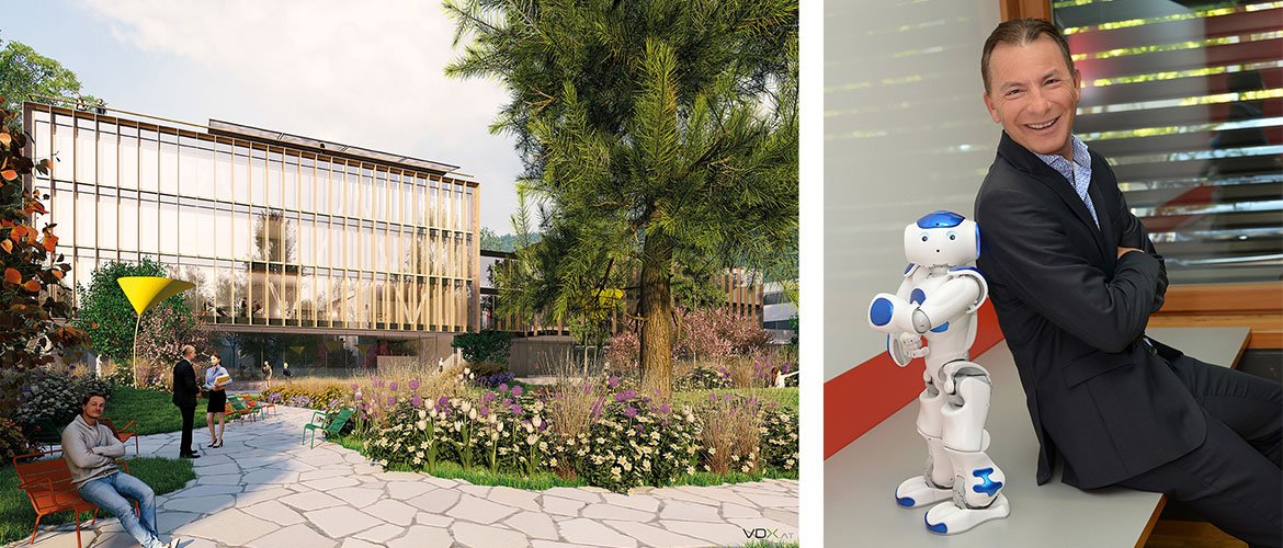 Blick vom Parkcafé auf den Neubau der Fachhochschule und dem neugestalteten Stadtpark; Geschäftsführer Prof. (FH) Thomas Madritsch mit dem humanoiden Roboter NAO der FH Kufstein Tirol
