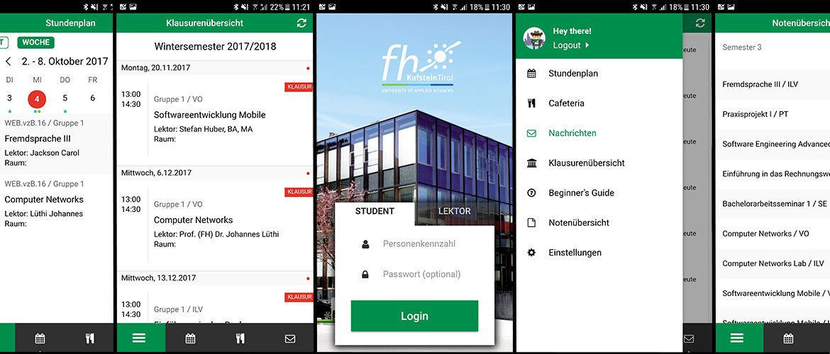 Die neue FH-App mit Vorlesungsverzeichnis, Klausuren- und Notenübersicht, Speiseplan und persönliche Nachrichten des Studiengangs.