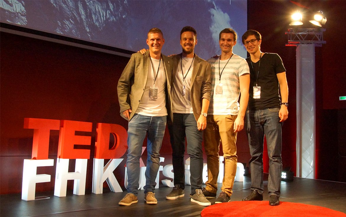 Das studentische Projektteam von TEDxFHKufstein (Studiengang Web Communications & Information Systems) präsentierte ein engagiertes Event, das Lust auf mehr macht (v.l.n.r: Benjamin Hollaus, Philipp Hackl, Philipp Bartelmess und ein weiterer Organisator).