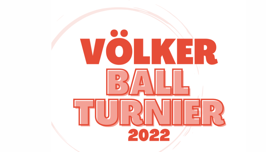 Logo der Projektgruppe rote Schrift auf weissem Grund: Völkerball-Turnier 2022