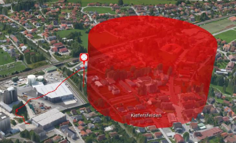 Im 3D Korridor-Datenmodell können auch verbotene Verkehrswege (roter Bereich) abgebildet werden.